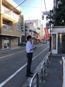 2018年7月2日（月）　新井薬師前駅北口で朝の辻立ち